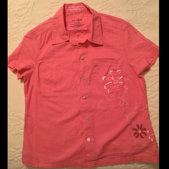 Life is Good Linen Cotton Blend Carnation Pink Button Front Short Sleeve Shirt - Picture 3 of 12